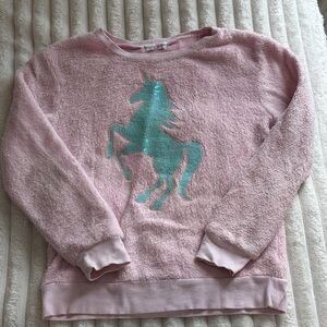 Girls Pink Fuzzy Sweater with Teal Unicorn